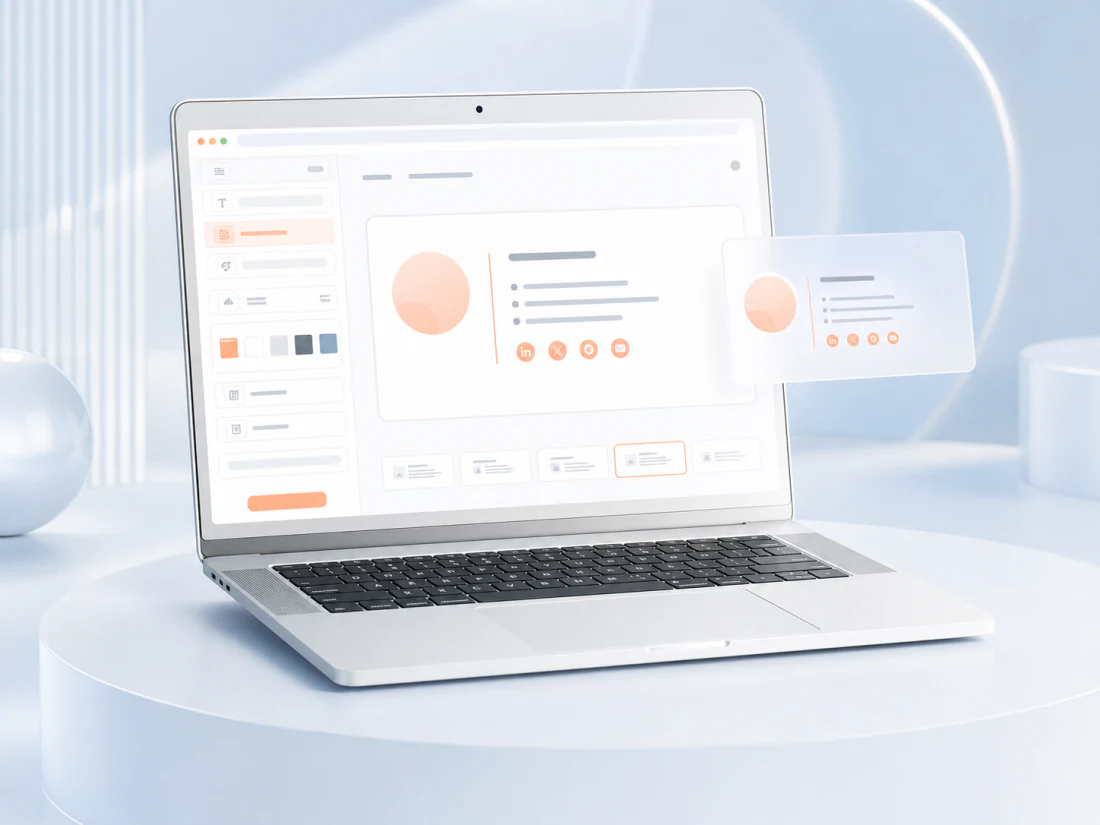 Mailmyra signature builder displayed on a MacBook