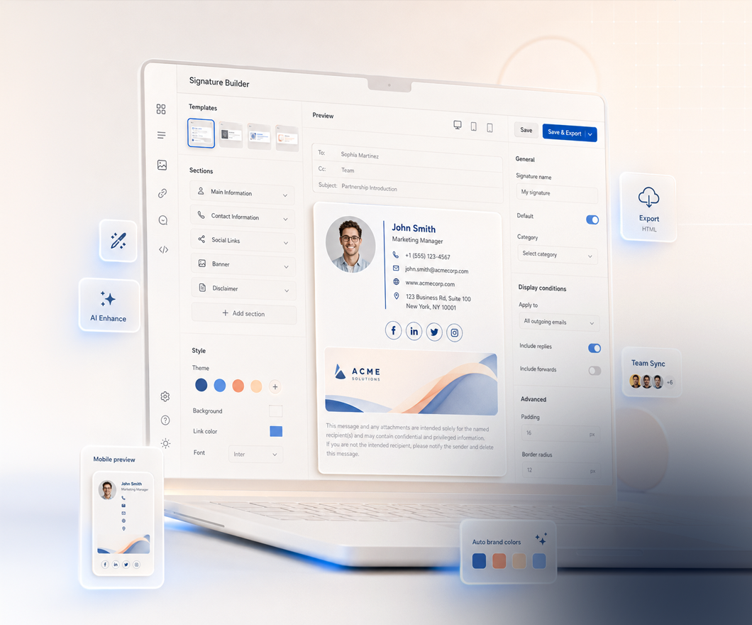 Mailmyra signature builder workspace