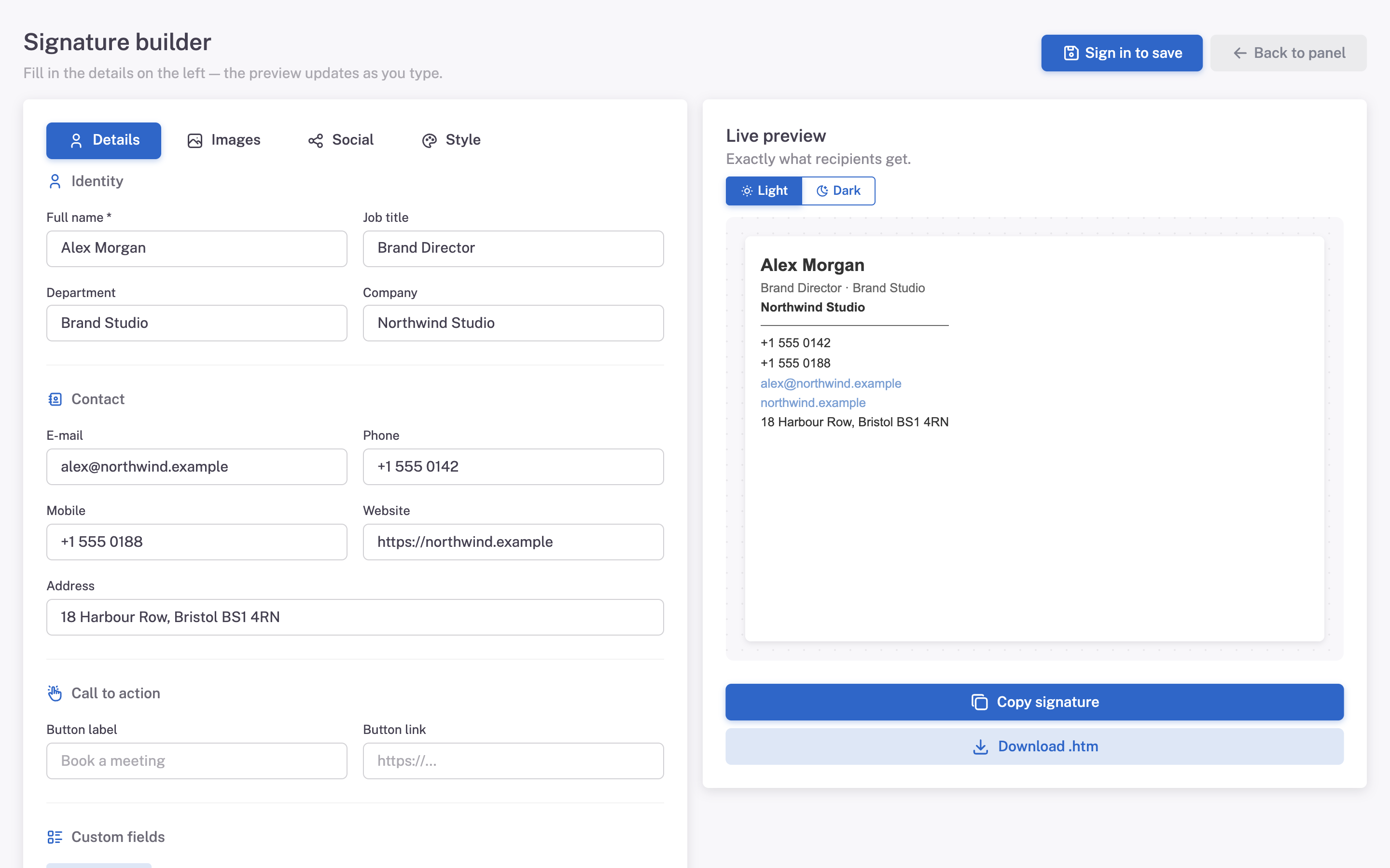 The Mailmyra builder with a finished signature and the Copy signature button